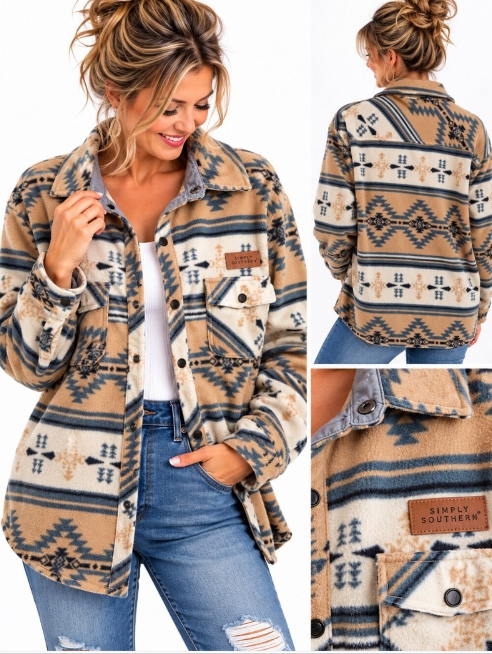 Simply Southern Aztec Fleece Large Shacket Jacket Top Tan Cream  Snap